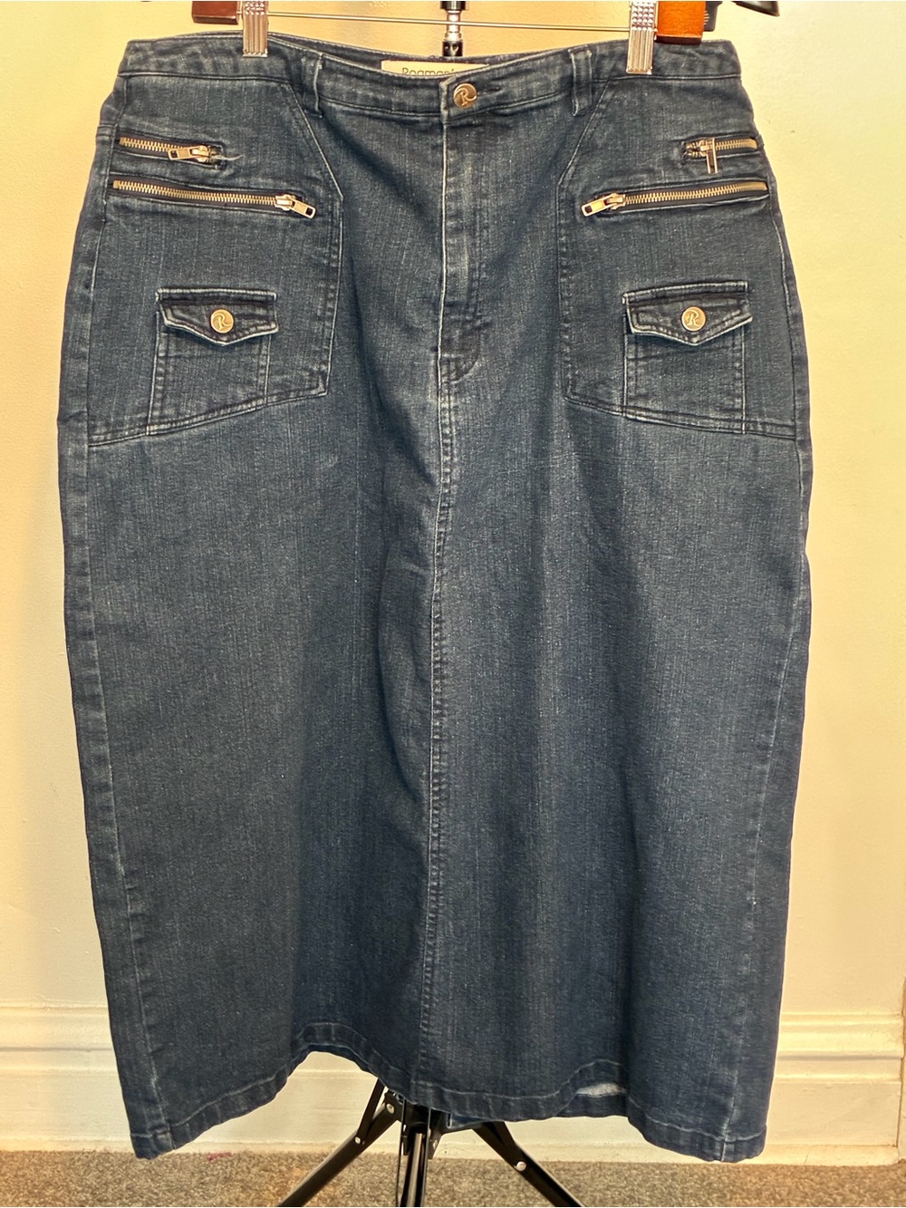 Roaman's Dark Blue Denim Midi Skirt with Zip Pocket Accents